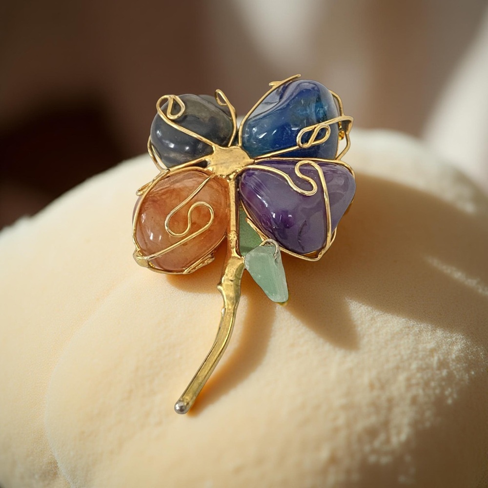 Blue and Purple Butterfly /Flower Brooch made with stones on gold tone setting.